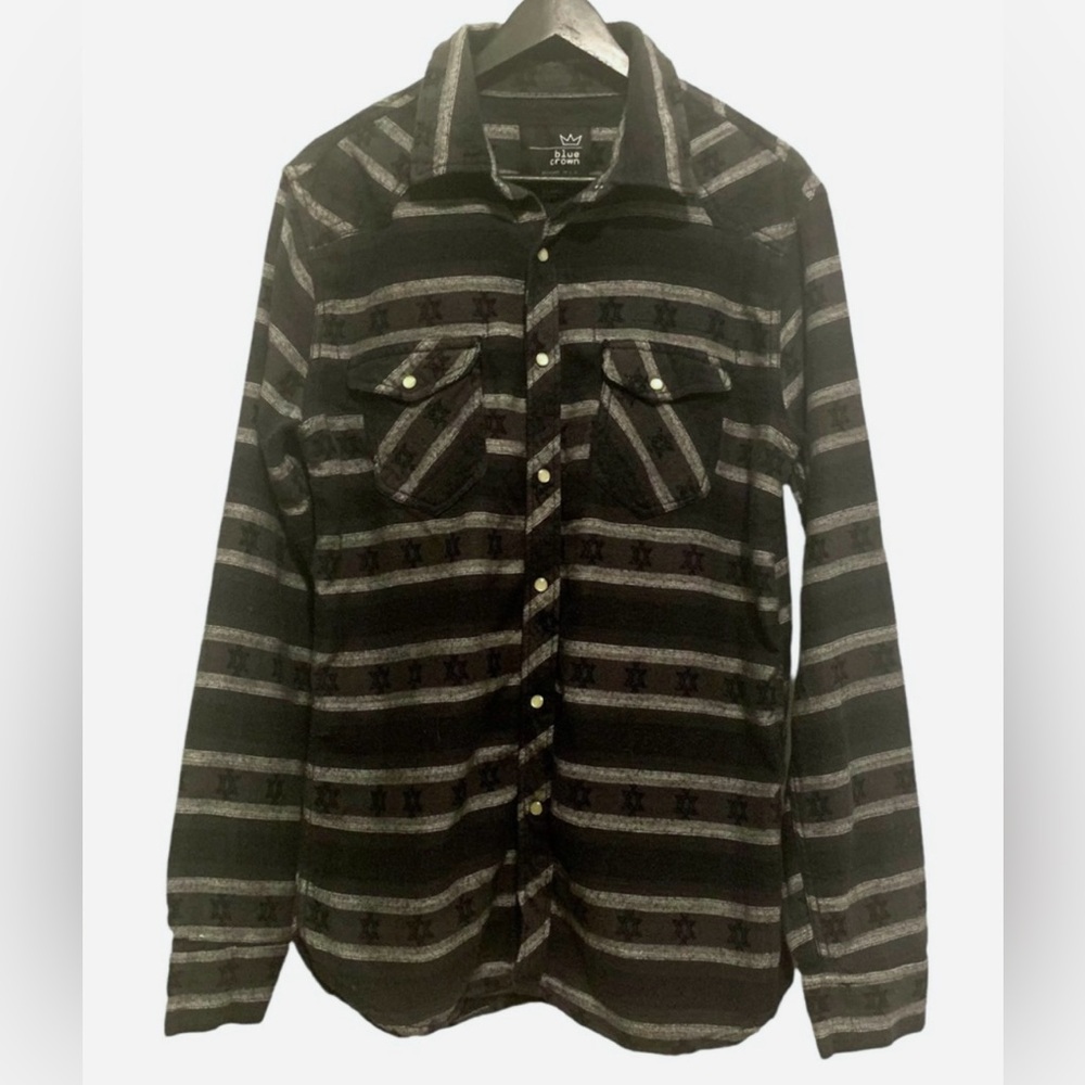 Blue Crown Men’s Black Gray Pearl Snap Cotton Flannel Long Sleeve Shirt XL